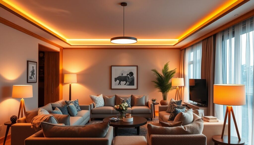 A cozy living room bathed in warm, inviting lighting. Soft, ambient illumination emanates from a central, minimalist pendant light, casting a gentle glow across the space. Strategically placed floor and table lamps create pools of light, highlighting plush furnishings and decor elements. Wooden accents and natural textures blend seamlessly, evoking a sense of Brazilian comfort and coziness. The overall mood is relaxed and welcoming, perfect for a family gathering or intimate conversation. Precise lighting angles and hues work in harmony to create an ideal atmosphere for this living area.
