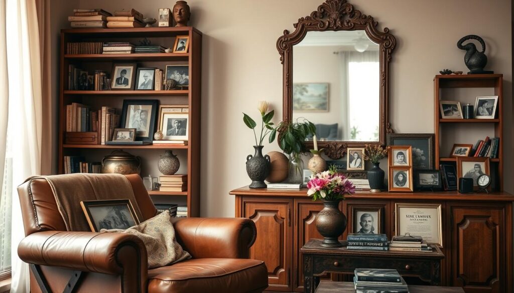 A cozy living room filled with cherished mementos, capturing the essence of "decoração afetiva". In the foreground, a worn leather armchair sits beside a handcrafted end table, adorned with framed family photos and a vintage vase holding freshly picked flowers. The middle ground features a wooden bookshelf, its shelves brimming with well-loved books, souvenirs from travels, and personal trinkets that tell the story of the home's occupants. Soft, warm lighting filters through sheer curtains, creating a welcoming and intimate atmosphere. The background showcases a large, ornate mirror reflecting the room, adding depth and a sense of timelessness. The overall scene evokes a cozy, lived-in charm that resonates with the Brazilian audience, celebrating the personal and sentimental elements that make a house a home.