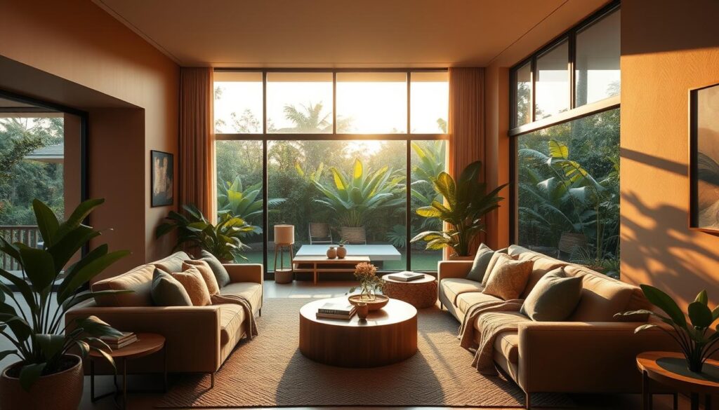 A cozy living room in a modern Brazilian home, bathed in warm, inviting light. The walls are painted in a harmonious palette of earthy tones, creating a serene and grounded atmosphere. Plush, textured fabrics adorn the comfortable seating, while strategically placed plants and natural wood accents bring the outdoors in. Large windows offer a panoramic view of a lush, verdant garden, blurring the lines between indoor and outdoor spaces. The overall impression is one of tranquility, comfort, and a deep connection to the natural world - a harmonious blend of contemporary design and timeless Brazilian style.