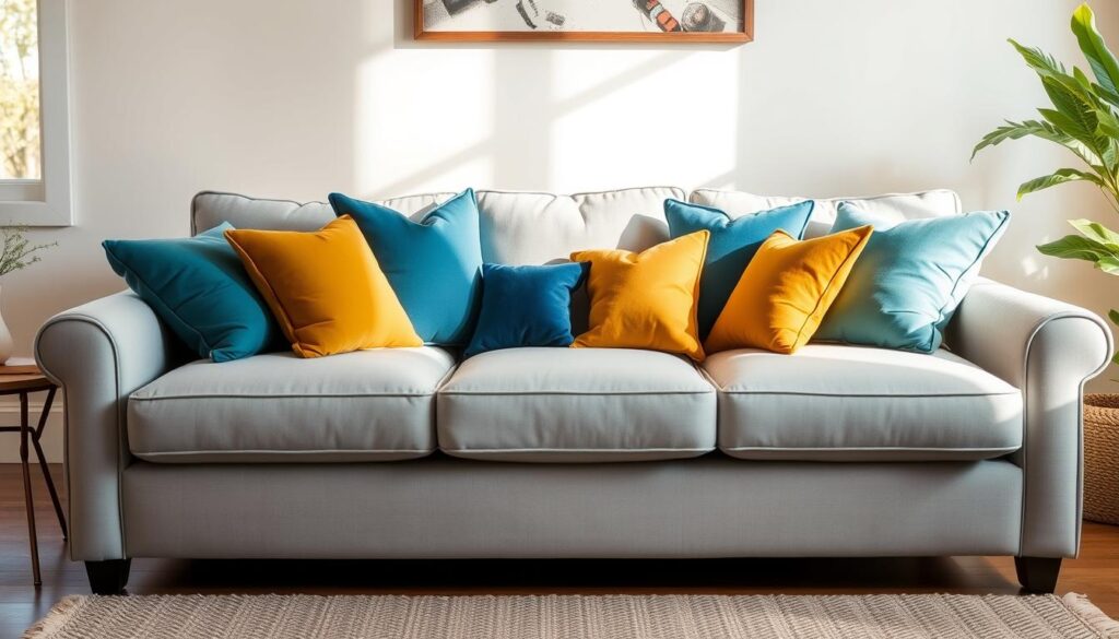 Uma sala de estar aconchegante com um sofá cinza claro no centro, decorado com uma variedade de almofadas vibrantes em tons de azul, verde e mostarda. As almofadas estão estrategicamente posicionadas, adicionando toques de cor e textura à paleta neutra. A sala é banhada por uma iluminação natural e acolhedora, que projeta um brilho suave sobre o sofá luxuoso e suas almofadas convidativas. A atmosfera geral é de relaxamento e conforto, capturando perfeitamente a essência de “Decoração sala com sofá cinza claro: ideias de almofadas”.
