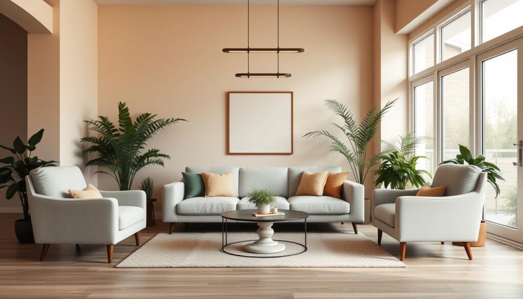 Uma sala de estar aconchegante com um sofá cinza claro como peça central, ladeado por poltronas luxuosas em tons neutros complementares. As paredes são pintadas em um bege suave e quente, criando uma atmosfera relaxante e convidativa. Plantas exuberantes e verdejantes em vasos adicionam toques de vegetação natural, enquanto uma janela grande e arejada inunda o espaço com luz natural. Luminárias elegantes e modernas penduradas no teto lançam um brilho suave sobre a sala. A cena exala uma sensação de conforto e sofisticação, perfeita para uma tarde ou noite relaxante. A composição geral é equilibrada e harmoniosa, refletindo a combinação ideal de um sofá cinza claro e elementos decorativos complementares.
