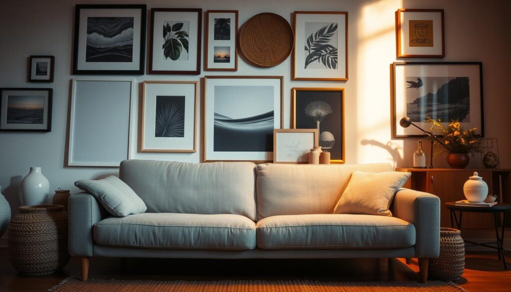 Uma sala de estar aconchegante com um sofá cinza claro e macio como ponto focal. Ao redor dele, uma variedade de obras de arte emolduradas e objetos decorativos, dispostos com bom gosto para criar um espaço harmonioso e visualmente atraente. A iluminação indireta e aconchegante projeta um brilho suave, realçando o ambiente convidativo da sala. A composição é equilibrada, com o sofá ancorando o primeiro plano e os acessórios no meio e no fundo adicionando profundidade e interesse visual. Texturas sutis, como cestos de vime ou vasos de cerâmica, complementam o estofamento suave do sofá. No geral, a cena evoca uma sensação de conforto, estilo e um toque de charme brasileiro.