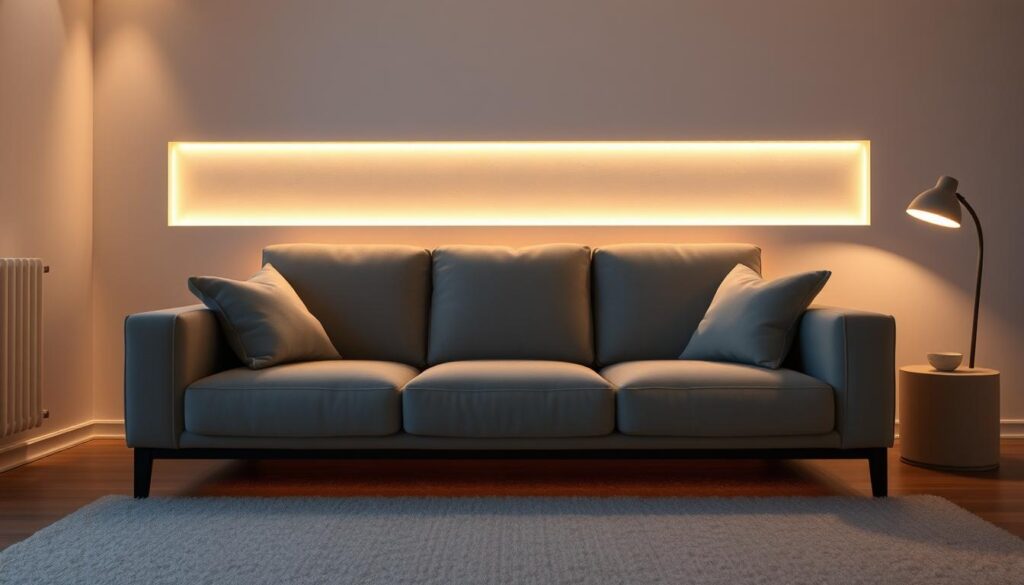 Uma sala de estar aconchegante com um sofá cinza suave banhado pelo brilho quente da iluminação LED indireta. Os tons suaves das fitas LED traçam elegantemente os contornos dos móveis, criando um ambiente sereno e convidativo. Sombras sutis dançam pelas paredes, destacando os detalhes arquitetônicos da sala. A iluminação foi cuidadosamente posicionada para acentuar a textura luxuosa e o design elegante do sofá, tornando-o o ponto focal do espaço. O clima geral é de sofisticação discreta, complementando perfeitamente a estética refinada do sofá cinza.