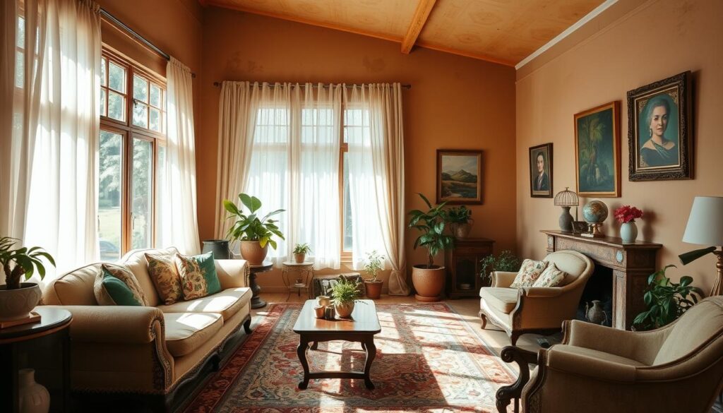 A cozy living room with warm earthy tones, showcasing the pre-renovation state of a Brazilian home. Sunlight filters through large windows, casting a soft glow on the worn yet charming furniture. The space features a traditional sofa, armchair, and coffee table, all in shades of beige and brown. Ornate rugs, potted plants, and framed artwork add character to the scene. The overall atmosphere is one of comfort and familiarity, capturing the essence of a beloved home before its transformation.