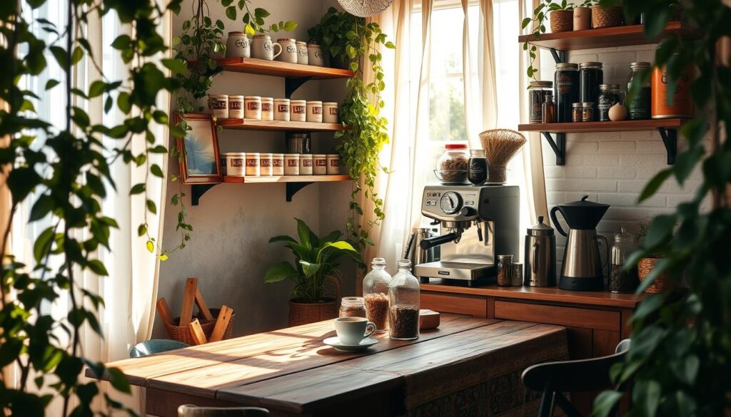 A cozy, sun-drenched nook with a rustic wooden table, adorned with a vibrant tablecloth and an inviting array of coffee-making accoutrements. Shelves brimming with artisanal mugs, jars of aromatic beans, and a sleek, vintage-inspired espresso machine. Trailing vines and lush greenery frame the scene, lending a touch of natural charm. Soft, diffused lighting filters through sheer curtains, creating a warm, inviting ambiance. The overall atmosphere exudes a sense of comfort, craft, and the quintessential charm of a cozy Brazilian café. Um cantinho aconchegante e ensolarado com uma mesa rústica de madeira, adornada com uma toalha de mesa vibrante e uma variedade convidativa de acessórios para fazer café. Prateleiras repletas de canecas artesanais, potes de grãos aromáticos e uma máquina de café expresso elegante, de inspiração vintage. Trepadeiras e vegetação exuberante emolduram a cena, conferindo um toque de charme natural. Uma iluminação suave e difusa filtra-se através das cortinas transparentes, criando um ambiente acolhedor e convidativo. A atmosfera geral exala uma sensação de conforto, artesanato e o charme quintessencial de um aconchegante café brasileiro.