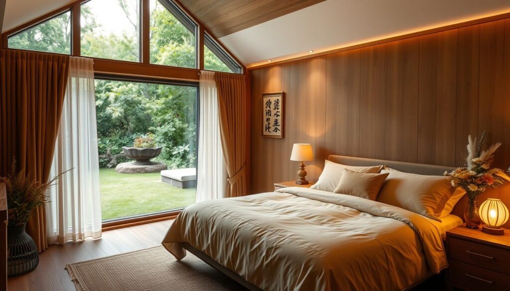 A cozy, well-appointed bedroom with soft, warm lighting and natural wood accents, reflecting the principles of Feng Shui. A large window with sheer curtains overlooking a lush, peaceful garden. A comfortable, king-size bed with plush bedding in earthy tones, complemented by a wooden nightstand and a decorative vase of fresh flowers. Minimalist, harmonious decor with a few carefully chosen pieces, such as a small statue or a wall hanging, to promote balance and positive energy. The overall atmosphere is serene, calming, and conducive to relaxation and restful sleep. A cozy, well-appointed bedroom with soft, warm lighting and natural wood accents, reflecting the principles of Feng Shui. A large window with sheer curtains overlooking a lush, peaceful garden. A comfortable, king-size bed with plush bedding in earthy tones, complemented by a wooden nightstand and a decorative vase of fresh flowers. Minimalist, harmonious decor with a few carefully chosen pieces, such as a small statue or a wall hanging, to promote balance and positive energy. The overall atmosphere is serene, calming, and conducive to relaxation and restful sleep.