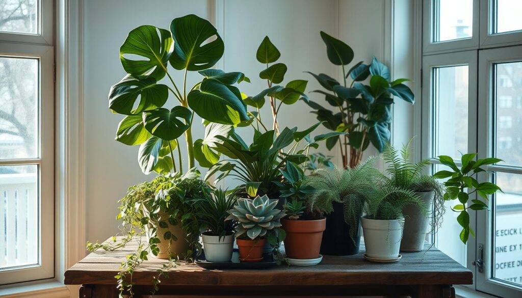 A cozy, well-lit interior scene featuring an artfully arranged vignette of thriving houseplants. A lush, verdant assortment of various species including a tall fiddle-leaf fig, potted succulents, trailing vines, and delicate ferns, all positioned on a rustic wooden table. Soft, natural lighting filters in through large windows, casting a warm, inviting glow and creating dynamic shadows. The overall composition is visually balanced, with the plants complementing the clean, minimalist decor. The scene evokes a sense of tranquility and harmony, reflecting the beauty and versatility of indoor greenery.