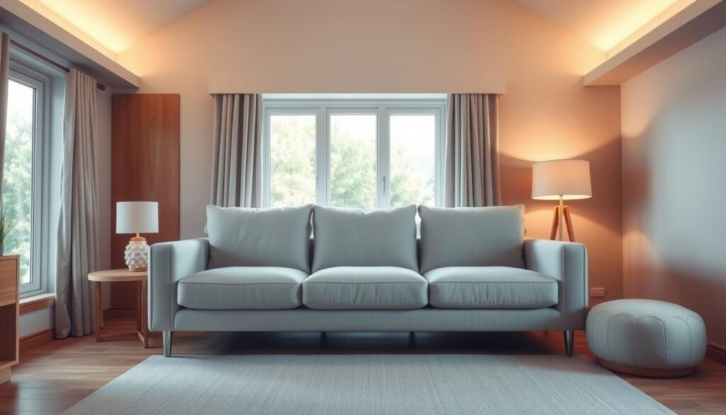 Uma sala de estar aconchegante e bem iluminada, com um sofá cinza claro e macio como ponto focal. O sofá tem linhas limpas e modernas e uma aparência luxuosa e convidativa, posicionado em frente a uma grande janela que permite que a luz natural inunde o espaço. A sala tem uma estética minimalista e acolhedora, com paredes em tons neutros e detalhes em madeira que complementam a tonalidade do sofá. A iluminação é uma mistura de luz difusa e suave no teto e um abajur que emite um brilho suave, criando uma atmosfera serena e relaxante. O cenário geral foi projetado para destacar a beleza e a versatilidade do sofá cinza claro, tornando-o a estrela da decoração.