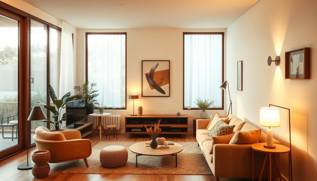 A cozy, well-lit living room with soft, ambient lighting illuminating the space. Warm, inviting tones fill the room, creating a calming and comfortable atmosphere. Large windows allow natural sunlight to filter in, enhancing the overall brightness. Strategically placed lamps and sconces provide subtle, diffused lighting, casting a gentle glow throughout the room. Minimalist, modern furniture in earthy tones complements the lighting, resulting in a harmonious and balanced interior design. The scene conveys a sense of tranquility and relaxation, perfect for a Brazilian audience seeking to brighten their living environment.
