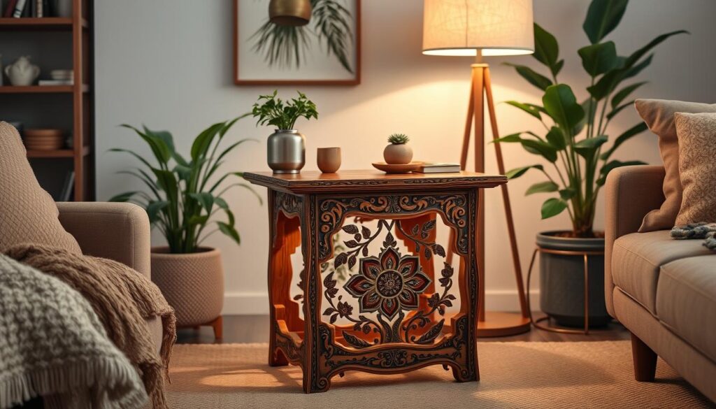 A decorative, ornate wooden side table in a modern living room setting. The table features intricate carvings and hand-painted designs, blending traditional Brazilian motifs with a sleek, minimalist aesthetic. Soft, warm lighting from a nearby lamp casts a cozy glow, highlighting the table's artisanal details. The table is surrounded by plush, earth-toned furniture, potted plants, and natural accents, creating a harmonious, inviting atmosphere. The composition emphasizes the table's centerpiece role, showcasing its beauty and craftsmanship against a simple, refined background.