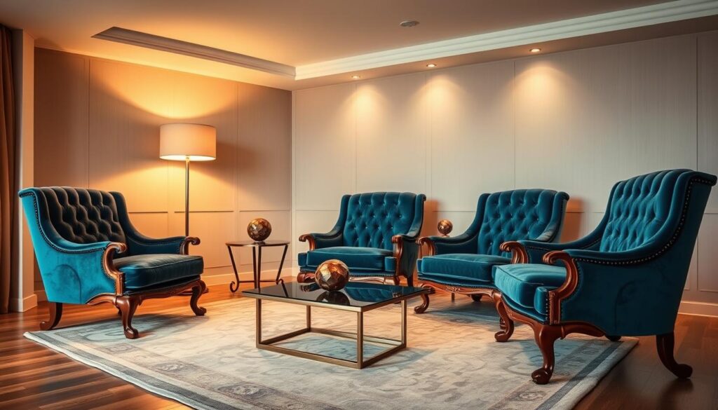 A elegant and sophisticated set of decorative armchairs arranged in a cozy living room setting. The chairs feature intricate tufted upholstery in rich, jewel-toned velvets, accentuated by sleek, polished wood frames with ornate, curved legs. Warm, directional lighting from a floor lamp and recessed ceiling fixtures casts a soft, inviting glow, highlighting the luxurious textures and details of the chairs. The chairs are positioned against a backdrop of neutral-toned walls, with a decorative area rug and minimalist, modern side tables completing the stylish, high-end ambiance. The overall scene conveys a sense of refined elegance and comfort, perfectly suited for a refined Brazilian living space. A elegant and sophisticated set of decorative armchairs arranged in a cozy living room setting. The chairs feature intricate tufted upholstery in rich, jewel-toned velvets, accentuated by sleek, polished wood frames with ornate, curved legs. Warm, directional lighting from a floor lamp and recessed ceiling fixtures casts a soft, inviting glow, highlighting the luxurious textures and details of the chairs. The chairs are positioned against a backdrop of neutral-toned walls, with a decorative area rug and minimalist, modern side tables completing the stylish, high-end ambiance. The overall scene conveys a sense of refined elegance and comfort, perfectly suited for a refined Brazilian living space.