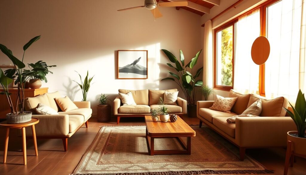 A harmonious and inviting living room in a cozy Brazilian home, bathed in warm, natural light filtering through large windows. Carefully curated pieces blend seamlessly - a plush, earthy-toned sofa, a wooden coffee table with minimalist design, and a stunning handwoven rug in muted hues. Potted plants and natural-fiber accents add lush, organic touches, while subtle artwork and soft textiles create a sense of balance and tranquility. The room exudes a welcoming, lived-in atmosphere, perfect for relaxation and quality time.