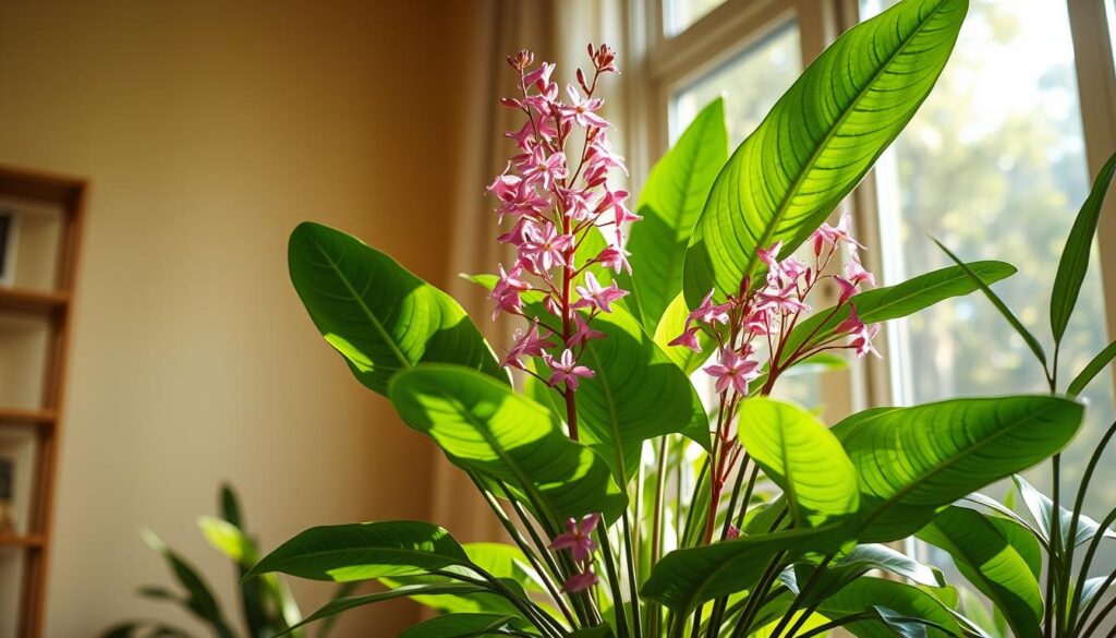 Uma planta ornamental brasileira exuberante, com folhas verdes grandes e brilhantes e flores delicadas e vibrantes em tons de rosa e roxo. A planta é alta e graciosa, banhada pela luz natural e quente que entra por uma grande janela. A composição foca nos detalhes intricados da planta, mostrando sua beleza e adequação para uma variedade de condições de iluminação interna. A imagem transmite uma sensação de tranquilidade e elegância natural, refletindo a diversidade de plantas ornamentais adequadas para diferentes níveis de iluminação nas casas brasileiras.