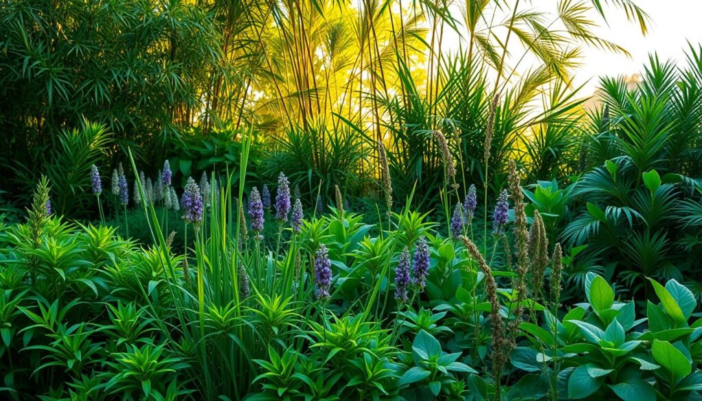 Um jardim exuberante e verdejante, repleto de plantas vibrantes e repelentes de insetos. Em primeiro plano, um arranjo denso de citronela, capim-limão e catnip cria uma barreira natural contra mosquitos. No meio, uma mistura de ervas aromáticas como alecrim, lavanda e manjericão, cujas folhagens ondulantes refletem a luz quente da hora dourada. Ao fundo, uma fileira de bambus altos e macios balança suavemente, criando um ambiente tranquilo e tropical. O cenário geral transmite uma sensação de harmonia entre natureza e funcionalidade, um oásis brasileiro que repele pragas indesejadas com eficácia.