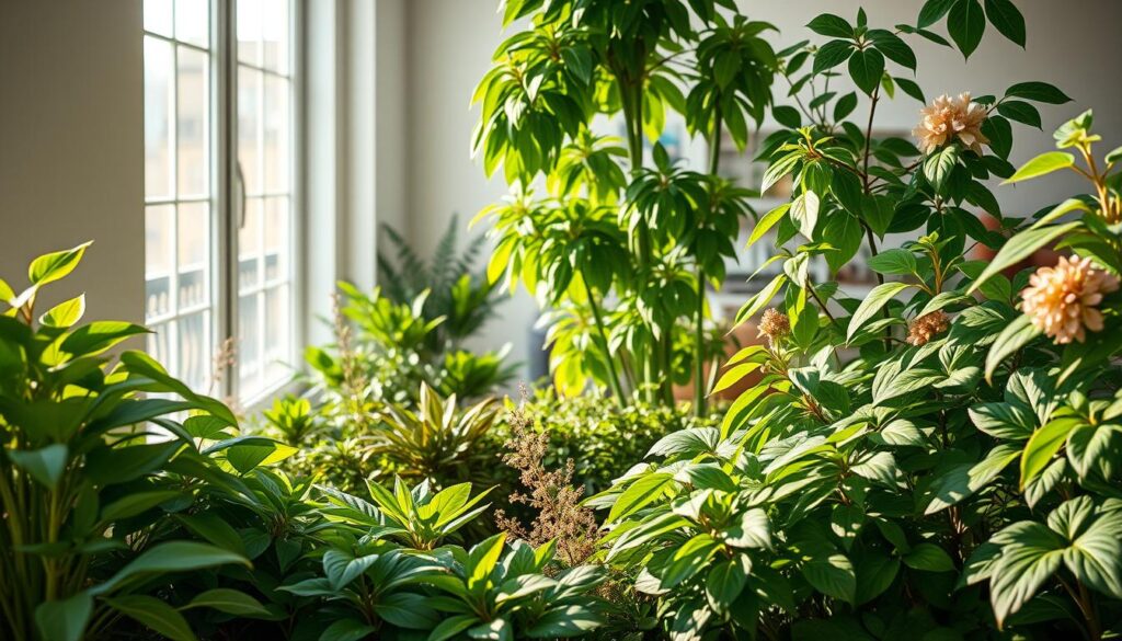 A lush, verdant indoor garden showcasing a variety of ornamental plants thriving in a well-lit, minimalist living space. Sunlight filters through large windows, casting a warm, natural glow on the scene. Leafy, vibrant foliage in shades of green, accented by the occasional pop of color from delicate blooms. The composition emphasizes the harmony between the plants and their serene, contemporary surroundings, capturing the tranquil, rejuvenating ambiance of bringing the outdoors in. Crisp, high-resolution details reveal the texture and lushness of the botanical elements. An aspirational, inviting display that highlights the benefits of incorporating ornamental plants into interior environments.