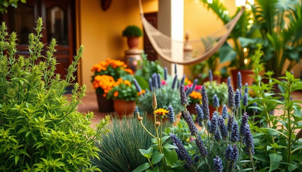 A lush, vibrant garden showcasing an array of repellent plants against a warm, Brazilian-inspired backdrop. In the foreground, clusters of fragrant, verdant foliage – citronella, lemongrass, and catnip – stand tall, their natural oils warding off pesky mosquitoes. In the middle ground, a collection of potted plants, including marigolds and lavender, create a visually captivating display. The background features a serene, sun-dappled patio, with terracotta tiles and a woven hammock, conveying a sense of tranquility and natural harmony. Soft, diffused lighting illuminates the scene, highlighting the vibrant colors and textures of the plants. The overall composition exudes a sense of practicality and beauty, showcasing nature's effective, chemical-free solutions to mosquito problems.