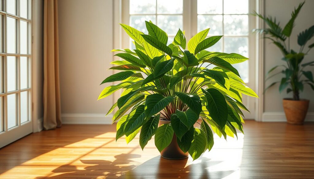 A lush, vibrant ornamental plant stands in a well-lit interior space, its verdant foliage casting soft shadows across a polished hardwood floor. The plant's broad, glossy leaves sway gently, creating a sense of tranquility and natural elegance. Carefully positioned near a large window, the plant is bathed in warm, diffused sunlight, emphasizing its rich, tropical colors. The scene evokes a serene, sophisticated ambiance, perfectly suited for a contemporary Brazilian home.