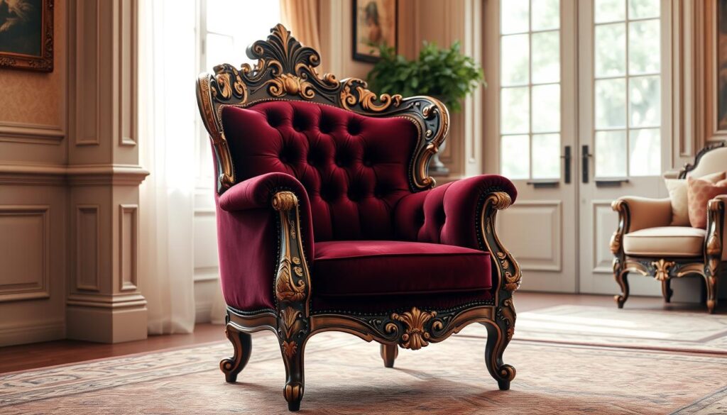 A luxurious, ornate armchair set against a warm, elegant living room backdrop. The poltrona decorativa features intricate, carved wooden details, plush velvet upholstery in a rich, jewel-toned hue, and gleaming brass accents that catch the soft, diffused lighting from a nearby window. The chair is positioned at a slight angle, inviting the viewer to imagine sinking into its comfortable embrace. The overall scene exudes a sense of refined sophistication and timeless Brazilian style, perfectly suited to enhance the décor of a stylish living space. A luxurious, ornate armchair set against a warm, elegant living room backdrop. The poltrona decorativa features intricate, carved wooden details, plush velvet upholstery in a rich, jewel-toned hue, and gleaming brass accents that catch the soft, diffused lighting from a nearby window. The chair is positioned at a slight angle, inviting the viewer to imagine sinking into its comfortable embrace. The overall scene exudes a sense of refined sophistication and timeless Brazilian style, perfectly suited to enhance the décor of a stylish living space.