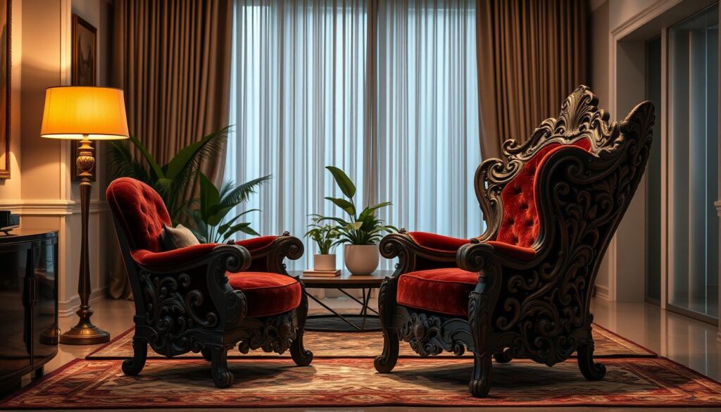 A luxurious, ornately carved armchair in a lush, Brazilian living room. The poltrona decorativa stands prominently in the foreground, its intricate, wooden frame elegantly curved and adorned with intricate floral patterns. Soft, plush upholstery in a rich, jewel-toned velvet invites the viewer to sink into its comforting embrace. Warm, diffused lighting from a nearby lamp casts a cozy glow, highlighting the chair's exquisite details. In the middle ground, a sleek, minimalist coffee table and potted plants complement the chair's ornate design. The background features neutral-toned walls and elegant drapes, creating a harmonious, high-end ambiance that perfectly suits the sophisticated, decorative chair. A luxurious, ornately carved armchair in a lush, Brazilian living room. The poltrona decorativa stands prominently in the foreground, its intricate, wooden frame elegantly curved and adorned with intricate floral patterns. Soft, plush upholstery in a rich, jewel-toned velvet invites the viewer to sink into its comforting embrace. Warm, diffused lighting from a nearby lamp casts a cozy glow, highlighting the chair's exquisite details. In the middle ground, a sleek, minimalist coffee table and potted plants complement the chair's ornate design. The background features neutral-toned walls and elegant drapes, creating a harmonious, high-end ambiance that perfectly suits the sophisticated, decorative chair.