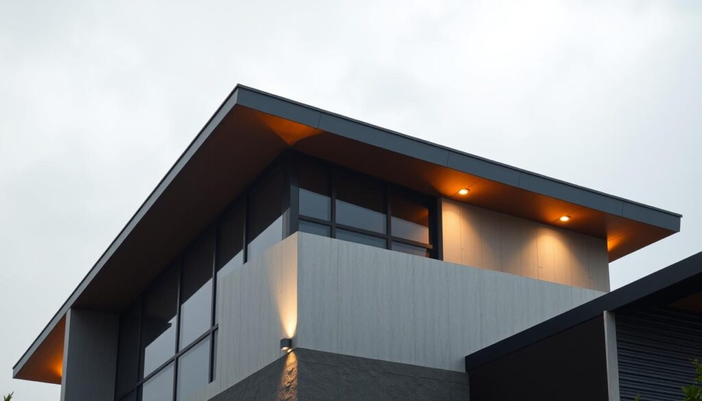 A modern, Brazilian residential rooftop with a sleek, angular design. The roofline features clean, minimalist lines and a low-pitched profile, complementing the building's contemporary architecture. The roof is constructed with a mix of durable, high-quality materials, such as metal, slate, or a combination of both, creating a harmonious and visually striking aesthetic. Warm, directional lighting from the sides and above accentuates the rooftop's geometric shapes and textures, casting dramatic shadows and highlights. The scene is set against a slightly hazy, atmospheric backdrop, evoking a sense of sophistication and urban elegance, perfectly suited for the article's focus on modern Brazilian home design.
