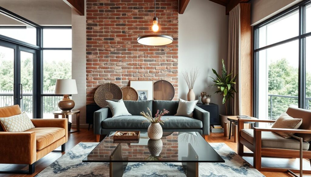 Um interior moderno e elegante com uma mistura visualmente impressionante de materiais, texturas e acabamentos. Em primeiro plano, uma elegante mesa de centro de vidro reflete o brilho aconchegante de uma luminária pendente minimalista. Ao redor, um sofá de veludo macio e uma poltrona de madeira resistente criam uma disposição harmoniosa dos assentos. O plano central apresenta uma parede de tijolos rústicos, proporcionando um contraste marcante com as superfícies lisas e polidas. Ao fundo, grandes janelas deixam entrar luz natural abundante, iluminando a variedade eclética de elementos decorativos, incluindo uma cesta de vime, um vaso de cerâmica e uma mesa lateral metálica. A atmosfera geral é de elegância contemporânea, onde diversos materiais se misturam perfeitamente para criar um espaço de estar visualmente cativante e convidativo.