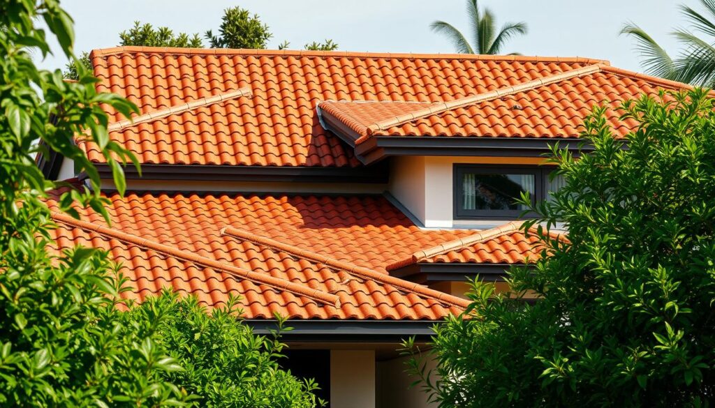 A modern, sleek Brazilian house with a stylishly designed roof, perfectly suited for the local climate and architecture. The tiled roof features clean lines, a gentle slope, and a warm terracotta hue that blends seamlessly with the exterior walls. Lush, verdant foliage frames the home, creating a harmonious balance between the built and natural environments. The lighting is soft and natural, accentuating the textural details of the tiles and highlighting the home's elegant silhouette. The camera angle showcases the roof as the focal point, inviting the viewer to imagine themselves living in this ideal Brazilian residence.