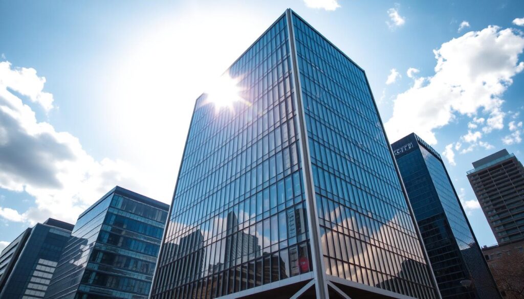 A modern, sleek high-rise building with a minimalist facade, showcasing a harmonious blend of glass, steel, and concrete. The structure stands tall against a vibrant, sun-drenched sky, casting dramatic shadows that accentuate its sharp, geometric lines. The building's facade features a series of large, floor-to-ceiling windows that reflect the surrounding cityscape, creating a striking interplay of light and form. The overall impression is one of sophistication, innovation, and a deep appreciation for contemporary architectural design.