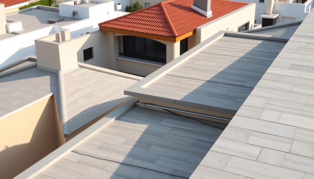 A modern, stylish Brazilian rooftop scene with sleek, low-profile tiles in neutral tones of gray, beige, and terracotta. The roofs have clean, minimalist lines and subtle textures, complementing the contemporary architecture. Warm, diffused sunlight casts gentle shadows, highlighting the architectural details. The scene exudes a sense of tranquility and sophistication, showcasing the functionality and aesthetic appeal of these modern Brazilian rooftops.