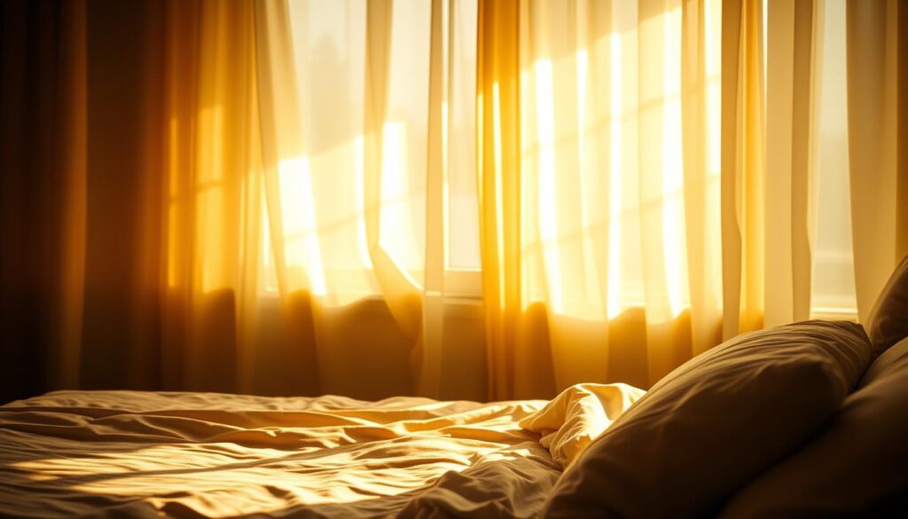 A peaceful bedroom scene with warm, soft lighting casting a comforting glow. A cozy bed with plush bedding invites deep, restful sleep. Wisps of golden light filter through sheer curtains, creating a soothing ambiance. Subtle shadows and highlights sculpt the contours of the room, emphasizing the tranquil atmosphere. The overall mood is one of tranquility and relaxation, perfectly capturing the relationship between lighting and quality of sleep.