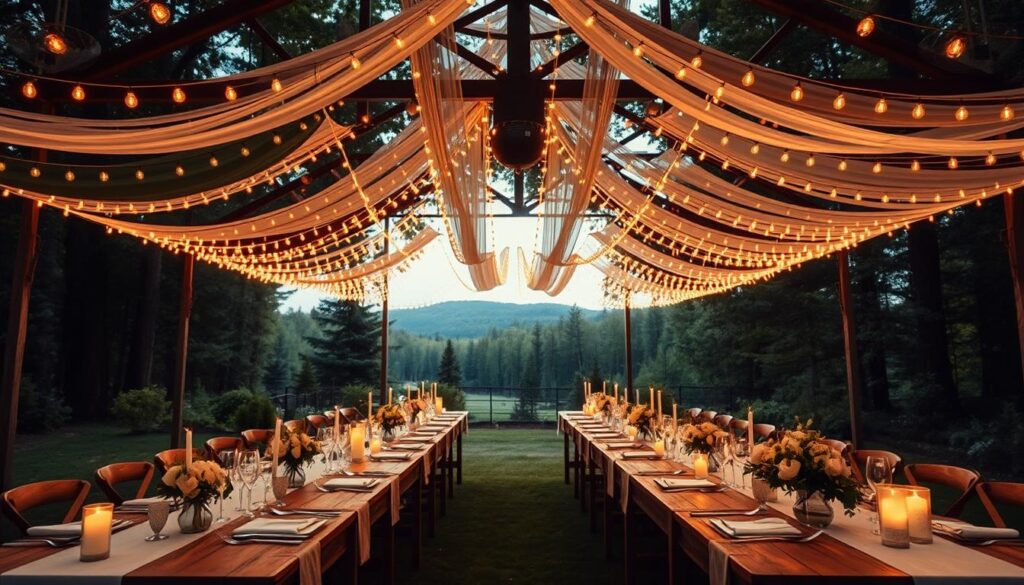 A refined, chic rustic wedding scene with a stunning canopy of warm, ambient lighting overhead. The backdrop is a picturesque forest clearing, with lush greenery and earthy tones that create a serene, natural ambiance. In the foreground, a long, wooden table is elegantly set with neutral-toned linens, delicate floral arrangements, and glowing candles that cast a soft, romantic glow. The lighting cascades down, illuminating the guests and creating a cozy, intimate atmosphere, perfect for a sophisticated, nature-inspired celebration. A refined, chic rustic wedding scene with a stunning canopy of warm, ambient lighting overhead. The backdrop is a picturesque forest clearing, with lush greenery and earthy tones that create a serene, natural ambiance. In the foreground, a long, wooden table is elegantly set with neutral-toned linens, delicate floral arrangements, and glowing candles that cast a soft, romantic glow. The lighting cascades down, illuminating the guests and creating a cozy, intimate atmosphere, perfect for a sophisticated, nature-inspired celebration.