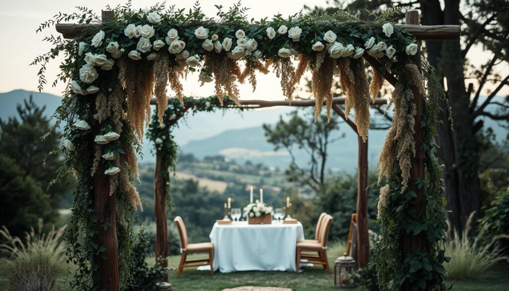 A rustic yet chic wedding scene, set amidst a lush natural backdrop. In the foreground, a beautifully adorned wooden arch frames the focal point, adorned with a cascading arrangement of delicate flowers in soft, earthy tones. Lush greenery and trailing vines spill over the structure, creating a romantic, organic atmosphere. The middle ground features a tastefully laid-out table setting, with wooden and wicker elements complementing the natural palette. Overhead, a warm, diffused lighting casts a gentle glow, accentuating the textures and tones of the scene. In the background, a picturesque landscape of rolling hills or a serene forest setting enhances the serene, sophisticated ambiance, evoking a sense of tranquility and elegance. A rustic yet chic wedding scene, set amidst a lush natural backdrop. In the foreground, a beautifully adorned wooden arch frames the focal point, adorned with a cascading arrangement of delicate flowers in soft, earthy tones. Lush greenery and trailing vines spill over the structure, creating a romantic, organic atmosphere. The middle ground features a tastefully laid-out table setting, with wooden and wicker elements complementing the natural palette. Overhead, a warm, diffused lighting casts a gentle glow, accentuating the textures and tones of the scene. In the background, a picturesque landscape of rolling hills or a serene forest setting enhances the serene, sophisticated ambiance, evoking a sense of tranquility and elegance.