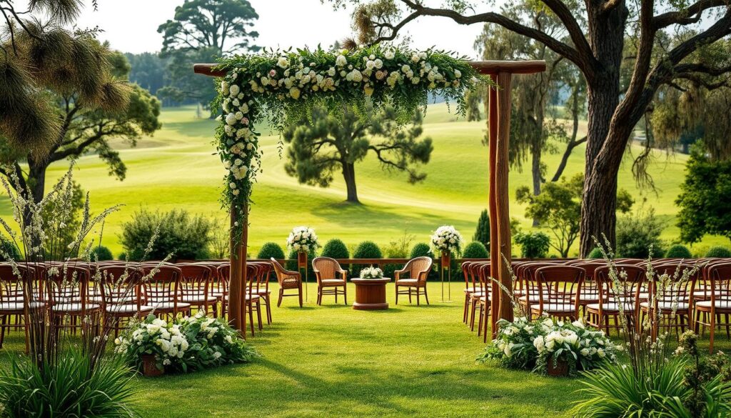 A serene and rustic wedding scene set in a lush garden. The foreground features a beautifully crafted wooden arch, adorned with a cascade of delicate flowers and greenery, creating a stunning focal point. In the middle ground, wooden benches and chairs are arranged in a semicircle, inviting guests to witness the ceremony. The background showcases a tranquil, natural landscape with towering trees, gentle rolling hills, and a soft, diffused lighting that casts a warm, romantic glow over the entire scene. The overall atmosphere evokes a sense of organic elegance, seamlessly blending the beauty of nature with refined, sophisticated touches - a perfect representation of the "Elementos Naturais Reinventados para Casamentos em 2025" theme. A serene and rustic wedding scene set in a lush garden. The foreground features a beautifully crafted wooden arch, adorned with a cascade of delicate flowers and greenery, creating a stunning focal point. In the middle ground, wooden benches and chairs are arranged in a semicircle, inviting guests to witness the ceremony. The background showcases a tranquil, natural landscape with towering trees, gentle rolling hills, and a soft, diffused lighting that casts a warm, romantic glow over the entire scene. The overall atmosphere evokes a sense of organic elegance, seamlessly blending the beauty of nature with refined, sophisticated touches - a perfect representation of the "Elementos Naturais Reinventados para Casamentos em 2025" theme.