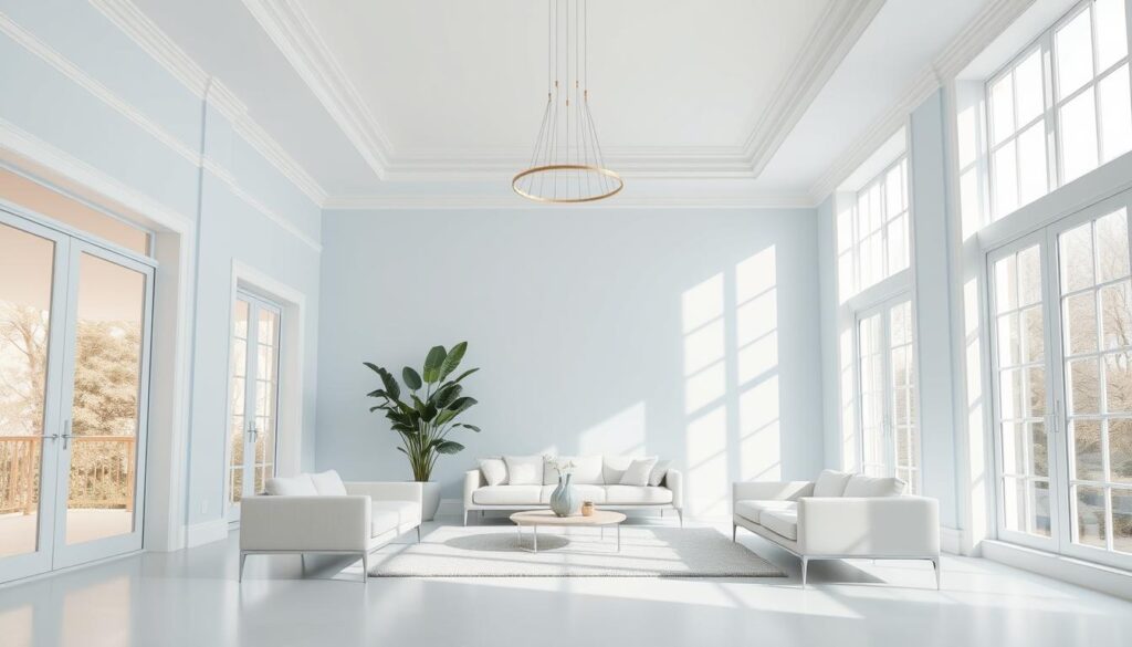 A serene, minimalist interior with bright, airy colors that create a sense of spaciousness. The walls are painted in a soft, calming shade of pale blue, complemented by crisp white trim and accents. Natural light floods the room through large windows, casting a warm, diffused glow. The furniture is sleek and modern, with clean lines and a neutral palette that recedes into the background. The room's focal point is a statement piece, such as a large, lush plant or a simple, sculptural light fixture, drawing the eye upward and creating an illusion of height. The overall atmosphere is one of lightness, openness, and tranquility, inviting the viewer to imagine themselves in this expansive, rejuvenating space. Um interior sereno e minimalista, com cores claras e arejadas que criam uma sensação de espaço. As paredes são pintadas em um tom suave e calmante de azul claro, complementado por acabamentos e detalhes em branco puro. A luz natural inunda a sala através de grandes janelas, projetando um brilho difuso e acolhedor. Os móveis são elegantes e modernos, com linhas simples e uma paleta neutra que se funde com o fundo. O ponto focal da sala é uma peça marcante, como uma planta grande e exuberante ou uma luminária simples e escultural, atraindo o olhar para cima e criando uma ilusão de altura. A atmosfera geral é de leveza, abertura e tranquilidade, convidando o observador a imaginar-se neste espaço amplo e rejuvenescedor.