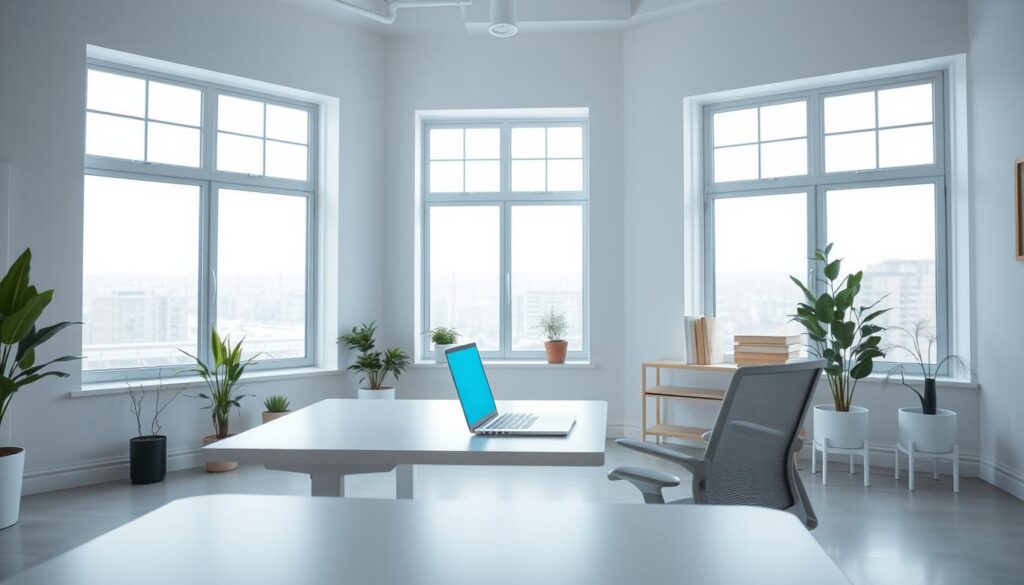 A serene, minimalist workspace flooded with cool, bright LED lighting. A laptop, sleek and modern, sits atop a clean, uncluttered desk, its screen casting a crisp, focused glow. Ergonomic office chair in a neutral tone complements the contemporary aesthetic. Large windows allow natural daylight to stream in, creating a harmonious balance of artificial and natural illumination. Potted plants and a few carefully curated decor pieces add subtle pops of greenery, conveying a sense of productivity and tranquility. The overall scene exudes an air of efficiency, clarity, and unwavering focus, perfectly capturing the benefits of cool, productive lighting.