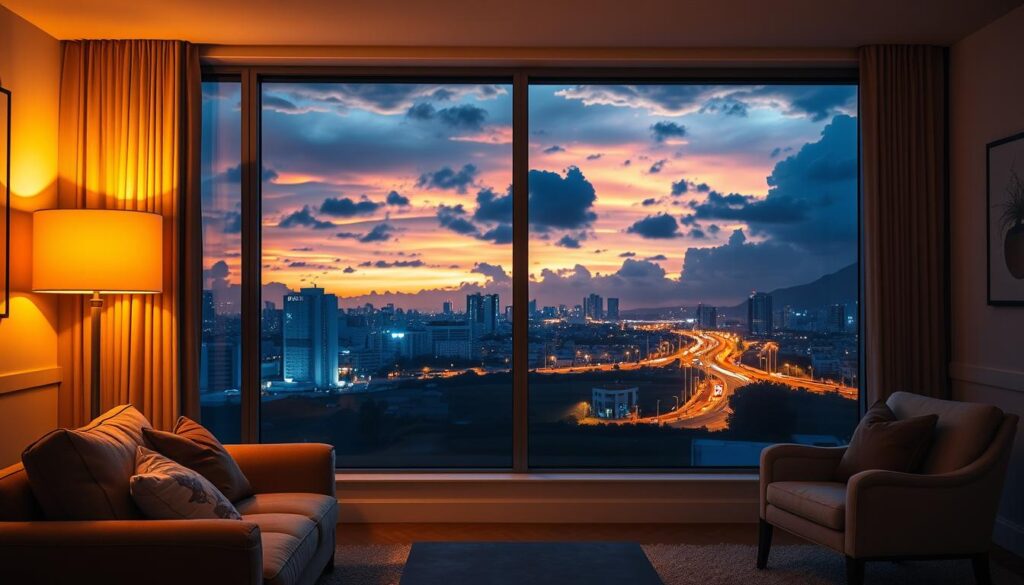 A serene, well-lit scene contrasting the distinct properties of cold and warm lighting. In the foreground, a cozy living room with a plush sofa and armchair bathed in a soft, inviting glow of warm, amber-tinted light from a floor lamp and table lamps. In the middle ground, a large window frames a view of a twilit cityscape, the buildings and streets illuminated by the cool, bluish hues of LED streetlights. The background showcases a dramatic, cloudy sky transitioning from a warm, golden sunset to a cool, deep blue night. Realistic textures, accurate lighting, and a sophisticated, Brazilian-inspired aesthetic create a visually compelling illustration of the differences between cold and warm illumination.