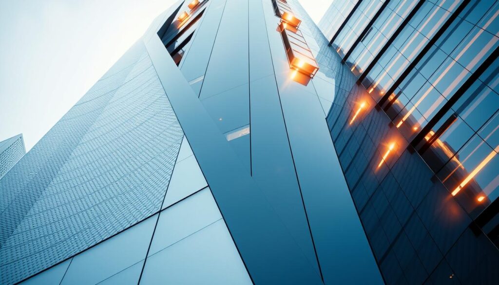 A sleek, modern high-rise building with a façade showcasing the latest advancements in architectural coatings and materials. The structure's surface gleams with a glossy, reflective finish, creating an impression of futuristic elegance. Intricate patterns and textures adorn the exterior, hinting at the innovative design and engineering techniques employed. Strategically placed lighting fixtures cast a warm, ambient glow, highlighting the building's distinctive architectural features. The image exudes a sense of technological sophistication and a forward-thinking approach to urban design, perfectly capturing the essence of "Fachadas de Prédios: Tendências e Inovações" for a Brazilian audience.