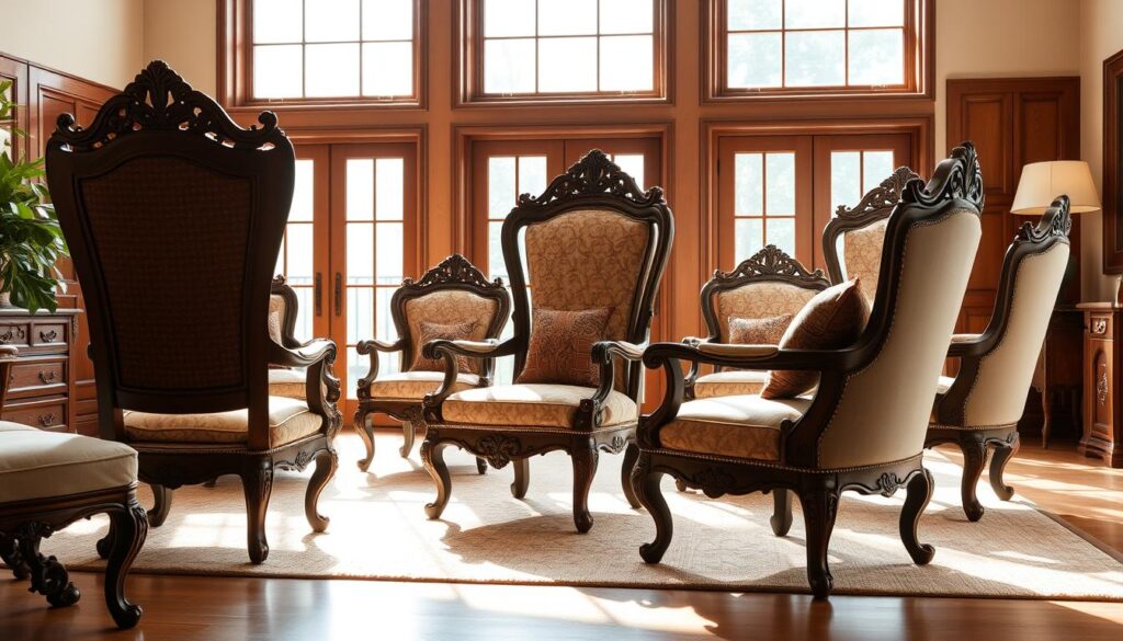 A sophisticated arrangement of decorative chairs in a warm, inviting living room setting. The chairs are crafted with intricate designs, plush upholstery, and elegant wooden frames that evoke a sense of Brazilian charm and sophistication. Soft, diffused lighting filters through large windows, casting a cozy glow on the scene. The chairs are strategically positioned to create a visually striking focal point, drawing the eye and inviting the viewer to imagine themselves relaxing in this stylish, comfortable space. The overall atmosphere exudes a refined and welcoming ambiance, perfectly capturing the essence of "Decorative Chairs for Different Decorating Styles". A sophisticated arrangement of decorative chairs in a warm, inviting living room setting. The chairs are crafted with intricate designs, plush upholstery, and elegant wooden frames that evoke a sense of Brazilian charm and sophistication. Soft, diffused lighting filters through large windows, casting a cozy glow on the scene. The chairs are strategically positioned to create a visually striking focal point, drawing the eye and inviting the viewer to imagine themselves relaxing in this stylish, comfortable space. The overall atmosphere exudes a refined and welcoming ambiance, perfectly capturing the essence of "Decorative Chairs for Different Decorating Styles".