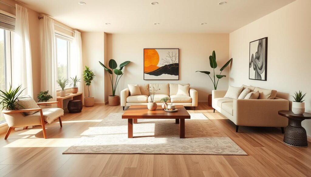A spacious living room with a minimalist, contemporary design. The room is bathed in warm, natural light filtering through large windows, creating a cozy and inviting atmosphere. The walls are painted in a soft, neutral tone, complemented by a plush, beige sofa and a matching armchair. In the center, a wooden coffee table with clean lines sits on a patterned area rug, following the 60-30-10 rule. Decorative elements, such as potted plants and abstract artwork, add pops of color and texture, while the overall palette maintains a harmonious, sophisticated look. The space is designed to feel both comfortable and visually striking, showcasing the Brazilian design aesthetic.