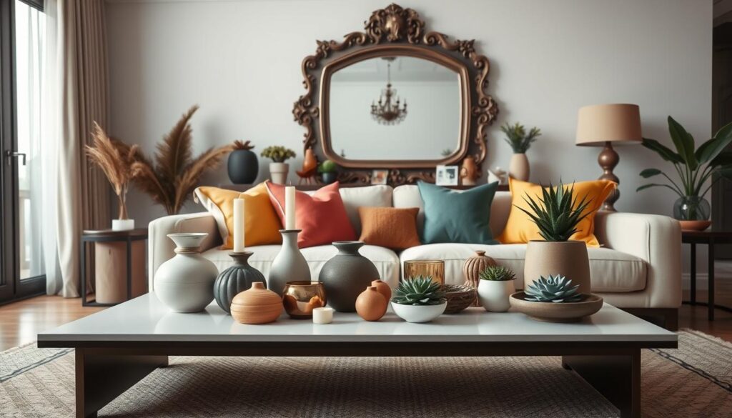 Um interior elegante e harmonioso, apresentando uma elegante mistura de elementos decorativos que criam uma atmosfera acolhedora e visualmente atraente. Em primeiro plano, uma mesa de centro elegante e moderna, com linhas retas, é adornada com uma variedade de objetos decorativos, incluindo vasos de cerâmica, velas e suculentas em vasos. No centro, um sofá macio em tons neutros, complementado por almofadas em cores vibrantes e complementares. Ao fundo, um grande espelho ornamentado reflete a iluminação natural do ambiente, adicionando profundidade e uma sensação de grandiosidade. A iluminação geral é suave e difusa, criando um ambiente acolhedor e convidativo. A paleta de cores apresenta uma mistura harmoniosa de tons terrosos, texturas naturais e toques de toques vibrantes, transmitindo uma sensação de sofisticação e equilíbrio.
