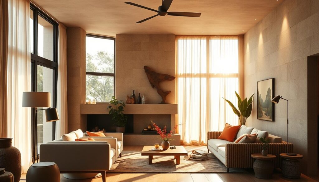 A sun-drenched interior with natural and artificial lighting working in harmony. Soft, warm light filters through large windows, casting a golden glow on rich, textured surfaces. Strategically placed lamps and recessed lighting gently illuminate the space, creating a cozy, inviting ambiance. Sleek, contemporary furnishings and clean lines contrast with the organic textures of wood, stone, and woven accents. The palette features earthy neutrals, accented by pops of vibrant, jewel-toned hues. The composition emphasizes balance, highlighting how thoughtful lighting design can transform a space and accentuate the beauty of the colors and materials. The overall scene radiates a sense of comfort, style, and sophistication suited for a modern Brazilian home.