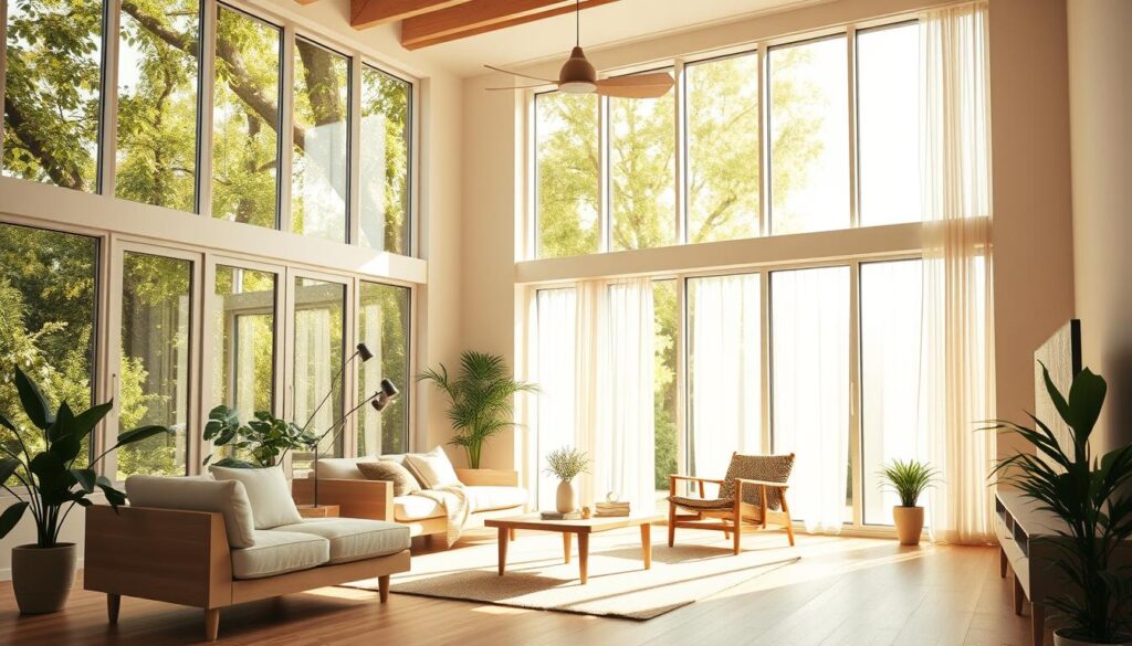 A sun-drenched living room with large, floor-to-ceiling windows that flood the space with warm, natural light. The room is decorated in a minimalist, Scandinavian style, with light-colored wooden furniture and accents of greenery. The lighting is soft and diffused, creating a serene and inviting atmosphere. The scene evokes a sense of calmness and well-being, perfectly capturing the benefits of natural illumination in a Brazilian household.