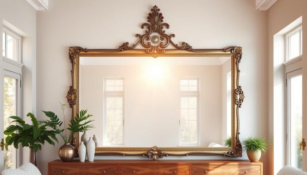 A sunlit room with an ornate, floor-to-ceiling mirror taking center stage. The mirror's surface reflects the warm, natural light flooding in through large windows, casting a soft, diffuse glow throughout the space. Strategically placed decorative accents, such as lush greenery and minimalist vases, frame the mirror, adding depth and visual interest. The room's neutral color palette, with hints of wood and brushed metal, creates a calming, sophisticated ambiance. The mirror's elegant, antique-inspired design serves as a striking focal point, amplifying the sense of spaciousness and illumination within the room.