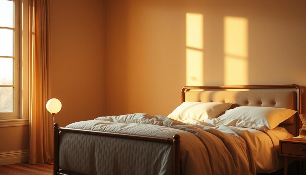 A tranquil bedroom bathed in a warm, golden glow. Soft, diffused light from a large window illuminates the elegant bed frame and plush bedding, creating a cozy and inviting atmosphere. A sleek, modern nightstand holds a delicate glass lamp, its soft light mimicking the natural rhythm of the circadian cycle. The walls are painted in a soothing, earthy tone, complementing the wooden accents and natural textures throughout the space. A sense of balance and harmony pervades the scene, reflecting the harmonious interplay between illumination and our innate biological rhythms.