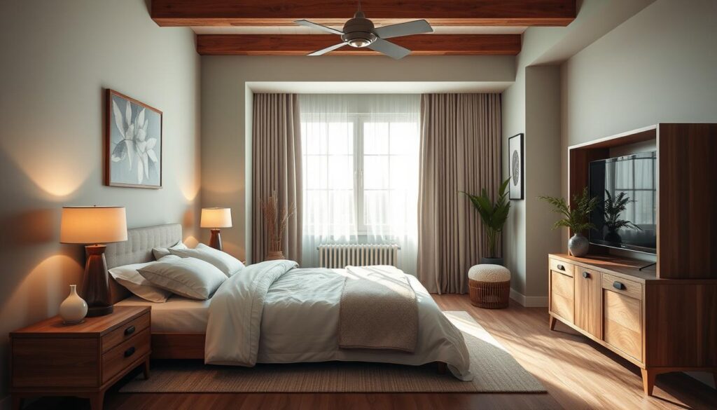 A tranquil, harmonious bedroom with a warm, inviting atmosphere. Soft, muted colors like soothing greens, earthy browns, and calming blues create a serene environment. Elegant wooden furniture, natural textures, and subtle lighting combine to promote a sense of balance and relaxation. A large window allows natural light to flood the space, highlighting the carefully chosen decor elements that embody the principles of Feng Shui. The room exudes a peaceful, rejuvenating ambiance, perfect for a good night's sleep and recharging one's energy. Um quarto tranquilo e harmonioso com uma atmosfera acolhedora e convidativa. Cores suaves e discretas, como verdes suaves, marrons terrosos e azuis calmantes, criam um ambiente sereno. Móveis elegantes de madeira, texturas naturais e iluminação sutil combinam-se para promover uma sensação de equilíbrio e relaxamento. Uma grande janela permite que a luz natural inunde o espaço, destacando os elementos decorativos cuidadosamente escolhidos que incorporam os princípios do Feng Shui. O quarto exala uma atmosfera pacífica e revigorante, perfeita para uma boa noite de sono e para recarregar as energias.