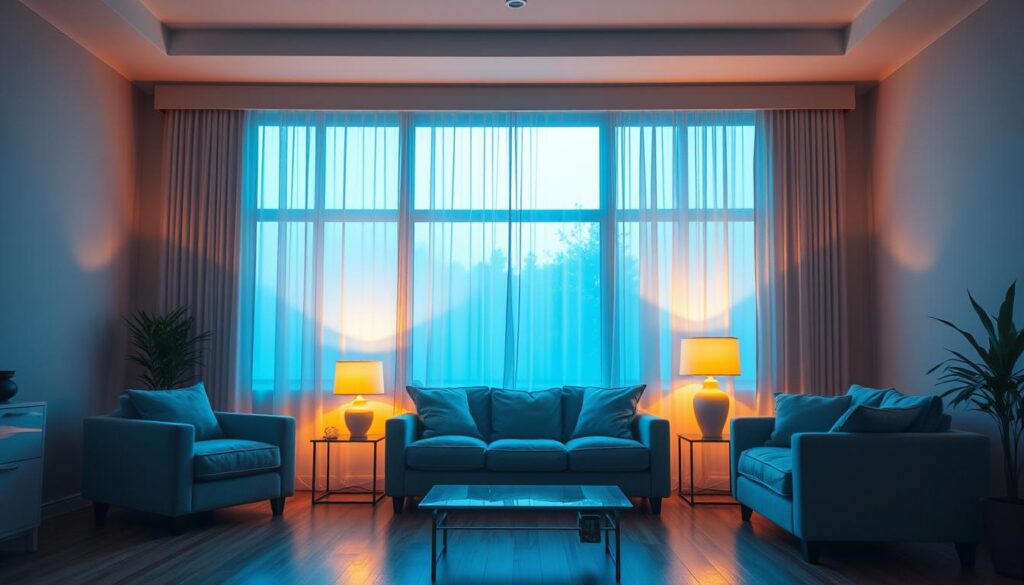 A tranquil interior scene showcasing the nuances of color temperature in lighting. A cozy living room with warm, amber-hued lighting from a pair of table lamps, contrasted by the cool, bluish-white illumination from a large window, casting dramatic shadows and highlights across the hardwood floors and plush furniture. The interplay of these complementary color temperatures creates a balanced, inviting atmosphere, perfectly illustrating the importance of understanding lighting temperature for optimal interior design.
