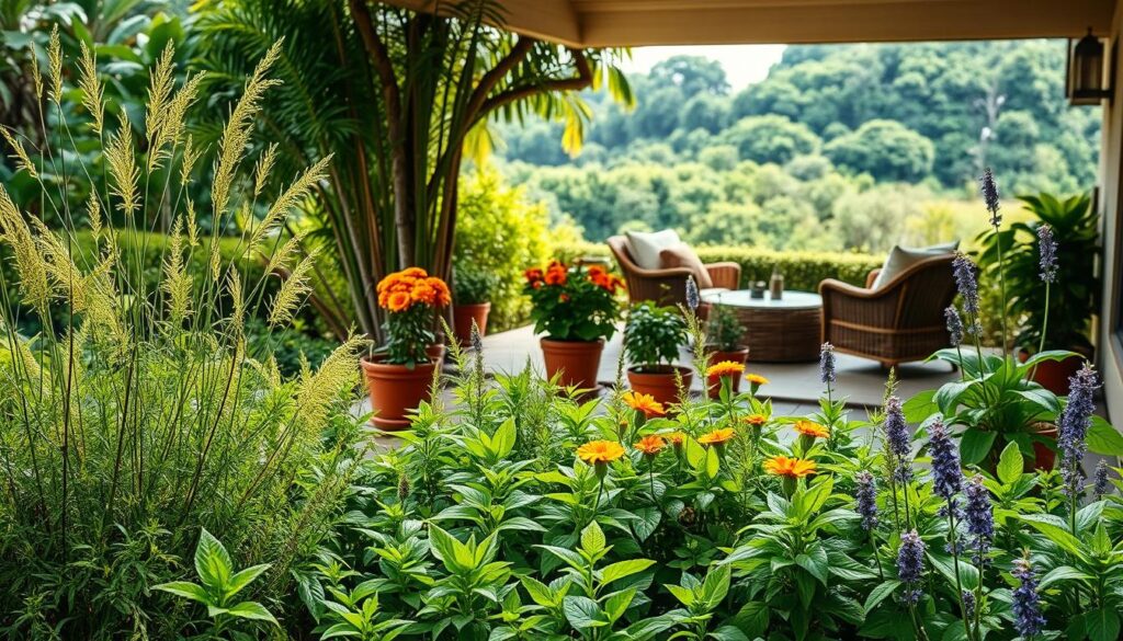 Uma tranquila cena externa com uma variedade de plantas naturais repelentes de mosquitos. Em primeiro plano, um canteiro verdejante e exuberante transborda de ervas aromáticas como citronela, capim-limão e erva-dos-gatos. O plano central apresenta vasos com calêndulas, manjericão e lavanda, estrategicamente dispostos ao redor de uma aconchegante área de estar. Ao fundo, um pátio sombreado com confortáveis móveis de vime oferece vista para uma paisagem verdejante, criando um santuário tranquilo e livre de insetos. A luz natural suave e difusa filtra-se pela vegetação, criando um brilho acolhedor e convidativo. A composição geral exala uma sensação de tranquilidade e uma integração harmoniosa de repelentes naturais de mosquitos em um elegante espaço de convivência ao ar livre, inspirado no Brasil.