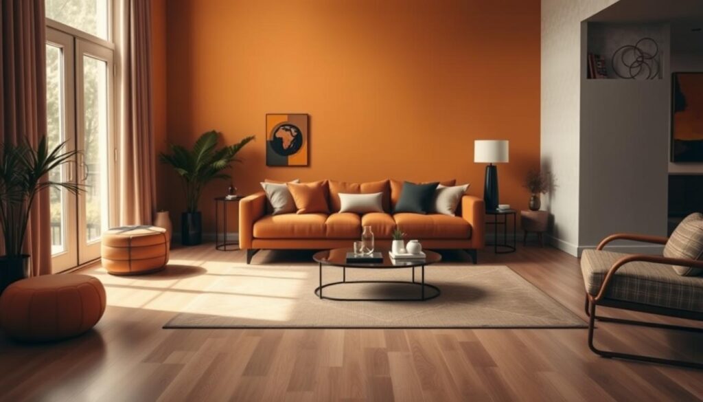A vibrant, meticulously designed interior space showcasing the "regra60-30-10" color scheme. The room is bathed in warm, natural lighting filtering through large windows, casting a soft, inviting glow. In the foreground, a sleek, minimalist sofa in a rich, earthy tone anchors the composition, surrounded by carefully curated decor elements in complementary shades of ochre and charcoal. The middle ground features a statement-making, geometric area rug in a harmonious color palette, grounding the space. In the background, subtle texture and patterns on the walls and accents create depth and visual interest, reflecting the sophisticated, yet approachable aesthetic. The overall mood is one of elegance, balance, and a refined Brazilian sensibility.