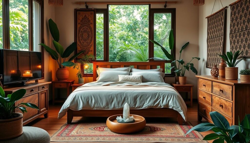 A warm and cozy bedroom with a traditional Brazilian flair. Wooden furniture, earthy tones, and lush greenery create a harmonious Feng Shui atmosphere. Soft lighting casts a gentle glow, and large windows allow natural light to flood the space. Carefully placed crystals and plants enhance the positive energy flow. The bed is the central focus, dressed in plush bedding and positioned to optimize rest and relaxation. Intricate wall hangings and tasteful decor elements complement the serene ambiance. The overall scene exudes a sense of balance, comfort, and rejuvenation, perfect for a restful night's sleep. Um quarto aconchegante e acolhedor com um toque tradicional brasileiro. Móveis de madeira, tons terrosos e vegetação exuberante criam uma atmosfera harmoniosa de Feng Shui. A iluminação suave emite um brilho suave e as grandes janelas permitem que a luz natural inunde o espaço. Cristais e plantas cuidadosamente posicionados aumentam o fluxo de energia positiva. A cama é o foco central, vestida com roupa de cama luxuosa e posicionada para otimizar o descanso e o relaxamento. Tapeçarias intrincadas e elementos decorativos de bom gosto complementam o ambiente sereno.
