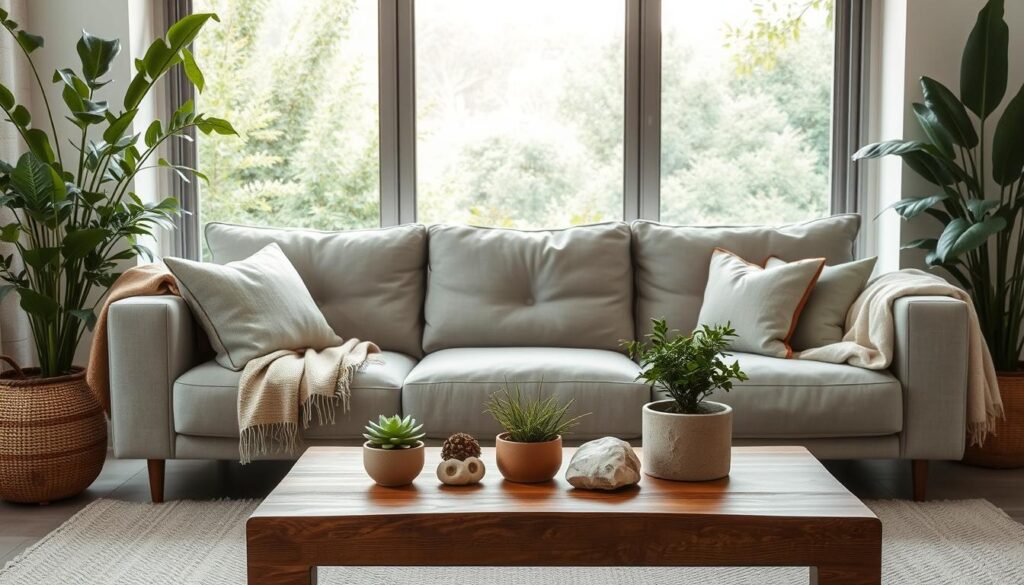 Uma sala de estar acolhedora e convidativa, com um sofá cinza claro e macio, tendo como pano de fundo uma vegetação exuberante e verdejante. O sofá é decorado com bom gosto, com tecidos e mantas suaves e naturais, complementando os tons terrosos do espaço. Em primeiro plano, uma mesa de centro de madeira é decorada com elementos decorativos, como vasos de plantas e detalhes em pedra natural ou madeira, criando uma mistura harmoniosa de estética natural e moderna. Uma iluminação suave e difusa filtra-se através das grandes janelas, banhando a sala com um brilho suave e ambiente.