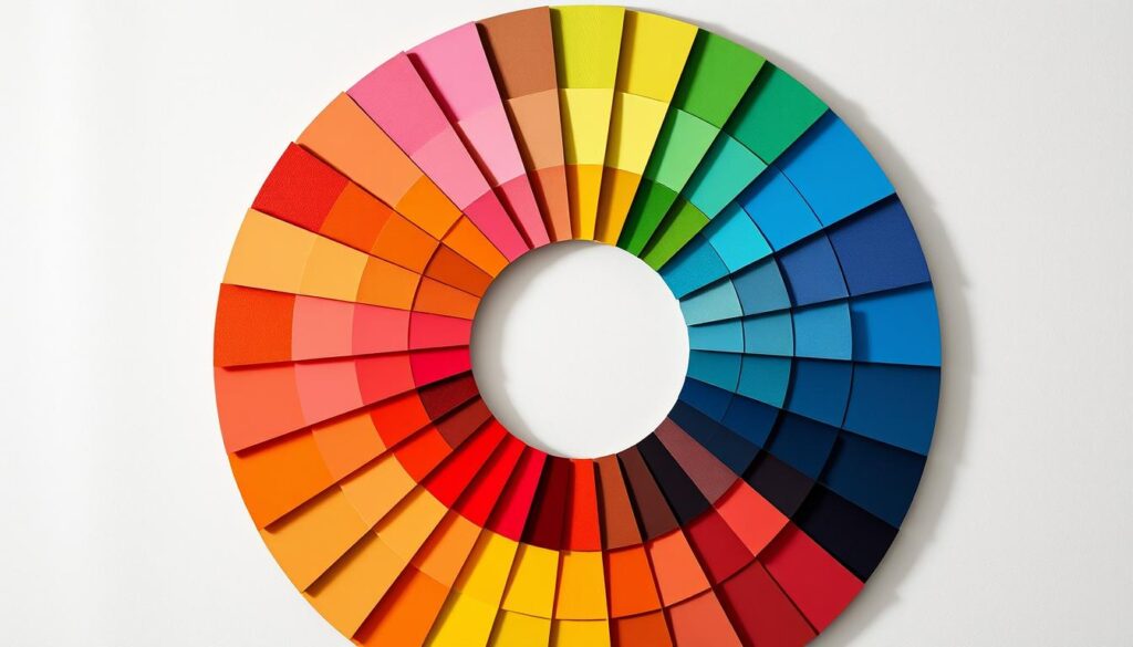 An intricately detailed, photorealistic chromatic circle, its vibrant hues arranged in a precise radial pattern against a clean, neutral background. The colors flow seamlessly from one to the next, creating a mesmerizing, harmonious spectrum that captures the fundamental principles of color theory. Subtle variations in saturation and tone add depth and dimension, while carefully considered lighting casts soft, natural shadows that accentuate the three-dimensional quality of the design. The overall composition is balanced, elegant, and visually striking, perfectly suited to illustrate the psychology of color and its applications in home design for a Brazilian audience.